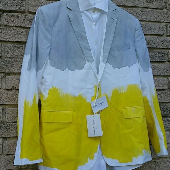 Salvatore Ferragamo men 42R Gray, White, and Yellow Blazer sport coat in… - Picture 2 of 8